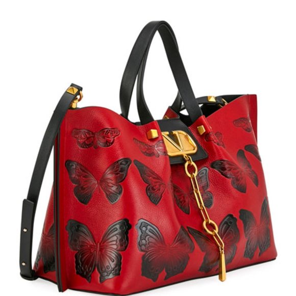 100% Authentic VALENTINO  Red/Black Leather VLOGO Butterfly Tote - Picture 2 of 5